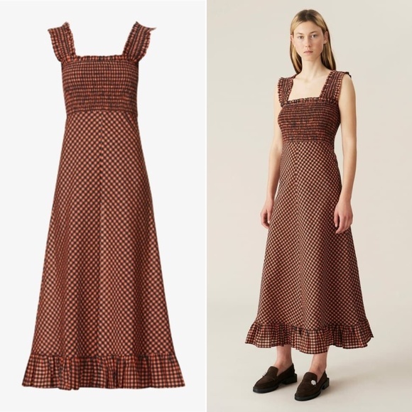 NEW Ganni Seersucker Check Dress Flame 40 - Picture 1 of 17